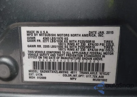 2015 Mitsubishi Outlander Sport Se z USA, uszkodzony, nr VIN 4A4AR4AU6FE022883